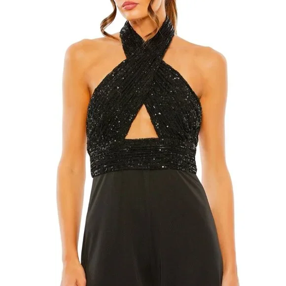 Mac Duggal Sequin Bodice Halter Wide Leg Formal Jumpsuit Open Back Size 6 NWT